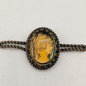 Vintage Western Germany Amber Glass Intaglio Cameo Bar Brooch Pin Gold Tone